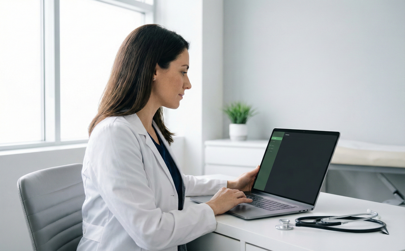 Healthcare professional reviewing secure communications on laptop
