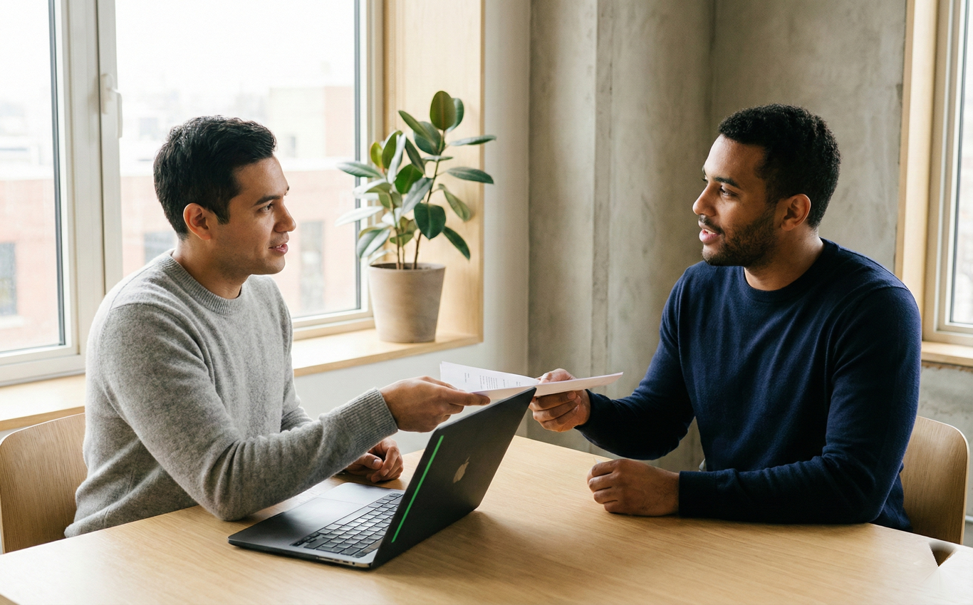 Two professionals collaborating with transparent compliance