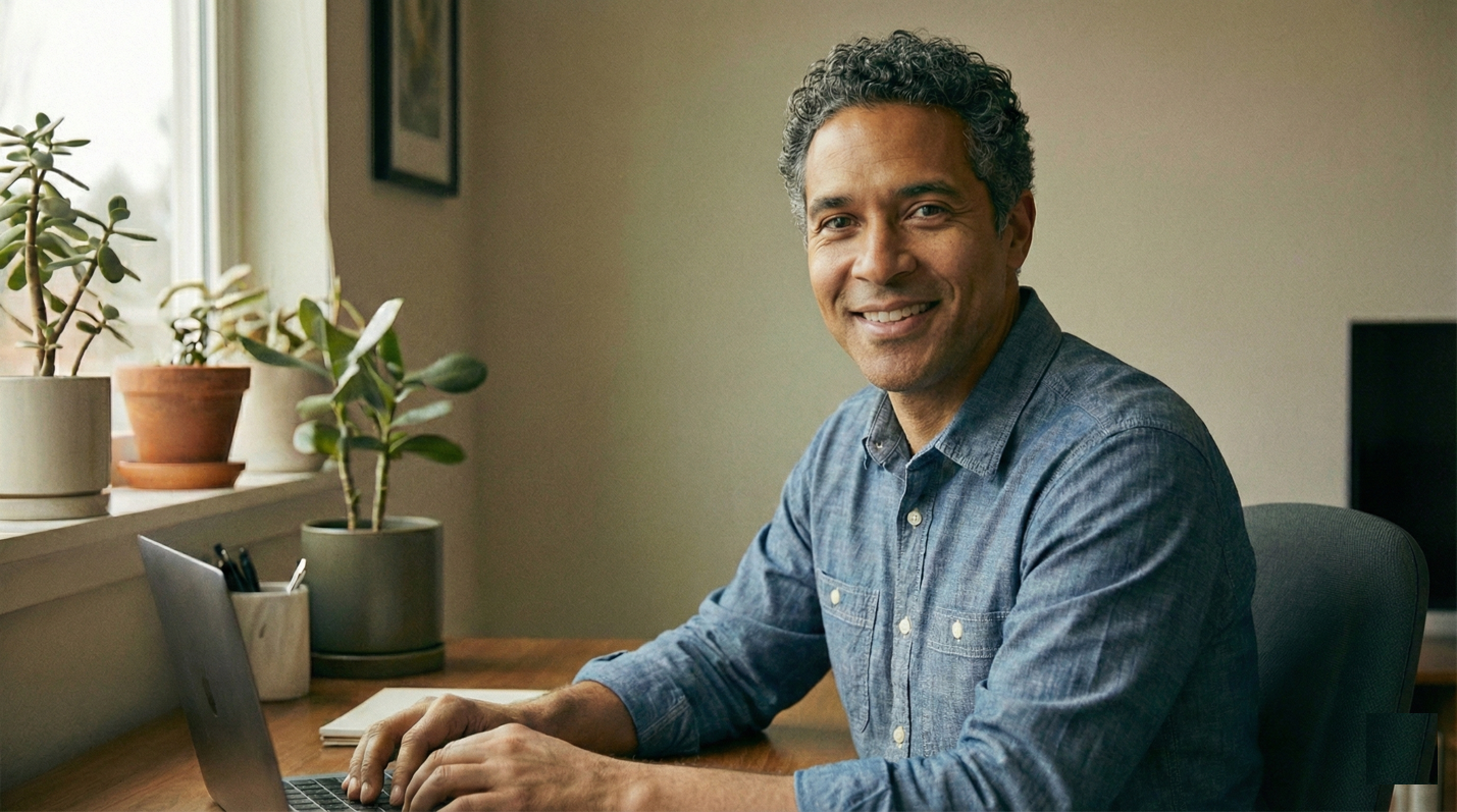 Professional working at her desk — browser-first, the product is invisible